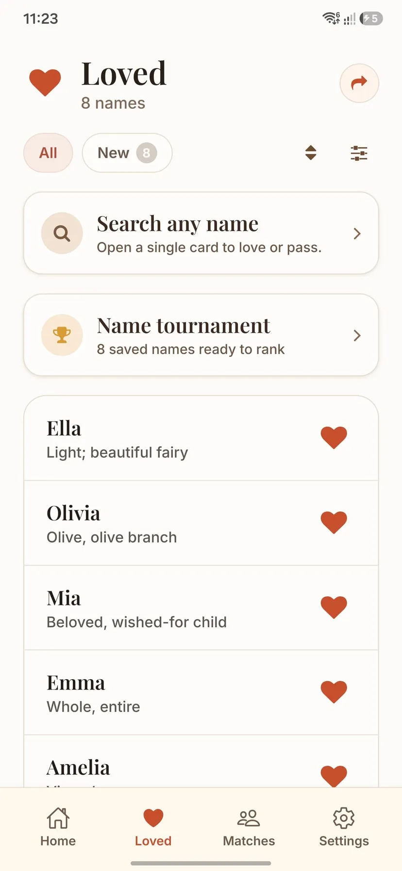 The Loved list showing eight saved names, each with its meaning.