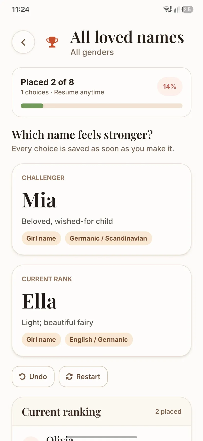 A head-to-head round asking which name feels stronger, Mia or Ella.