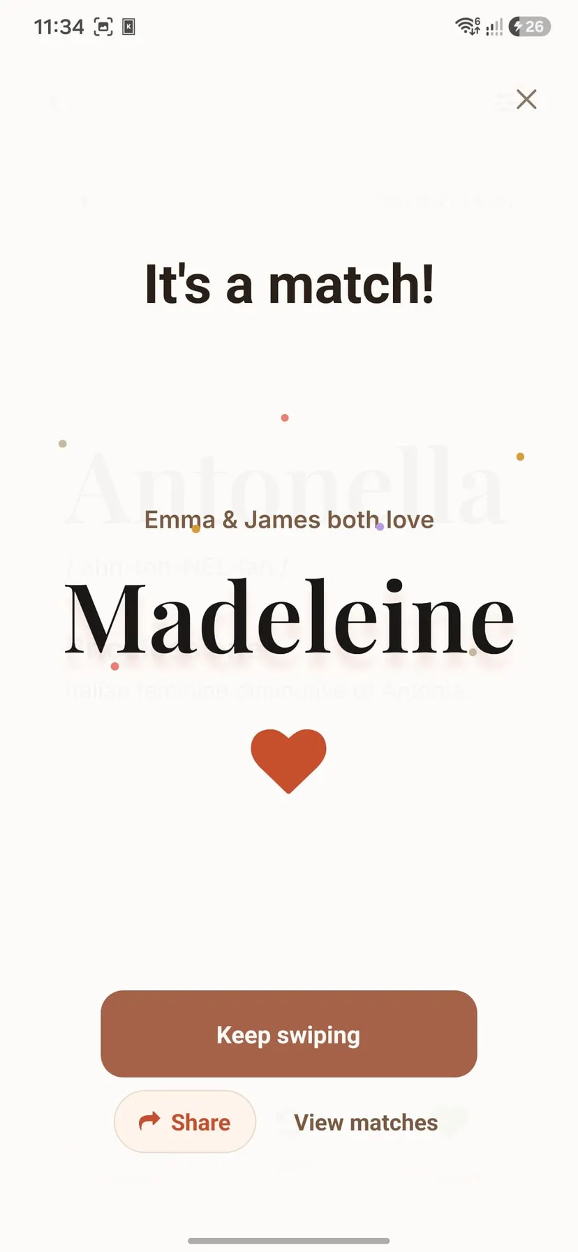 An “It's a match!” screen showing that Emma and James both loved the name Madeleine.